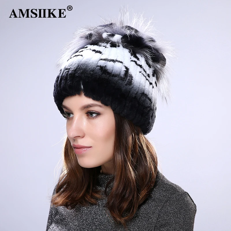 AMSIIKE Женская Меховая Шапка из Бобра с Бубоном Чернобурки TM711 | Аксессуары для