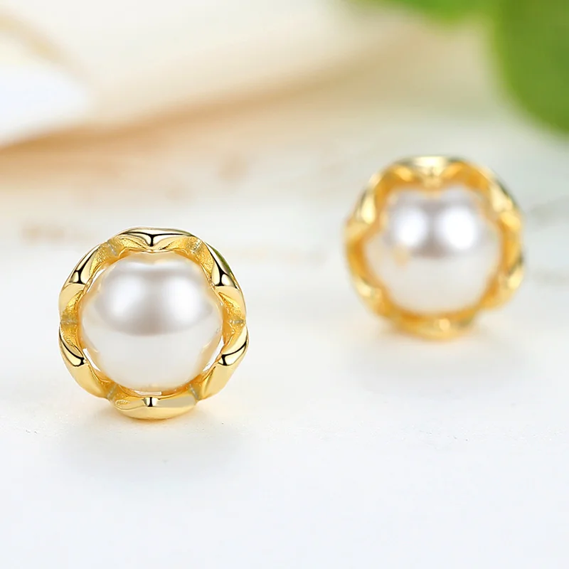 Аутентичные 925 стерлингового серебра имитация жемчуг серьги золотые Цвет Для