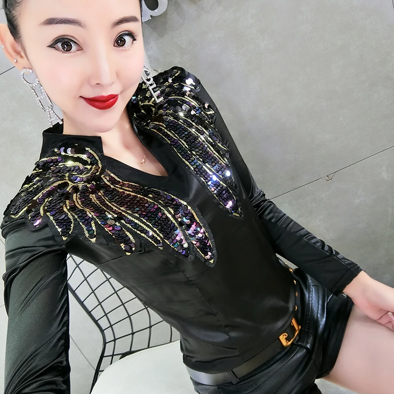 Женская футболка с V образным вырезом блестками|Футболки| |