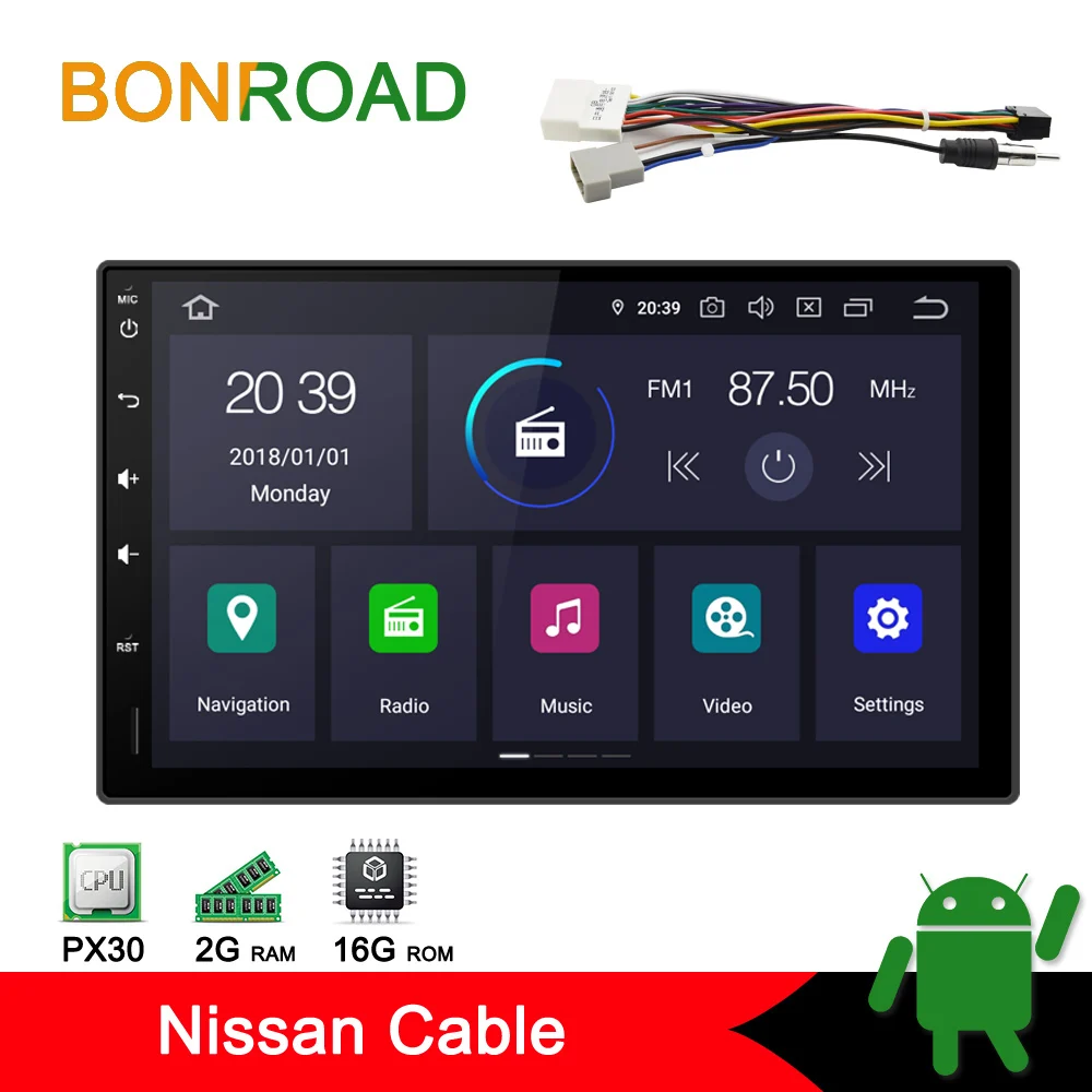 Bonroad Android 9,0 2 din универсальная gps навигация для Nissan для hyundai для Kia Автомагнитола стерео аудио wifi Bluetooth без DVD - Цвет: PX30 ForNissan Cable