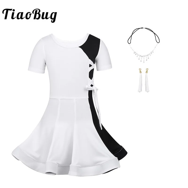 

TiaoBug Kids Teens Black White Color Block Slim Latin Dance Dress Children Girls Samba Rumba Tango Salsa Stage Dance Costume Set