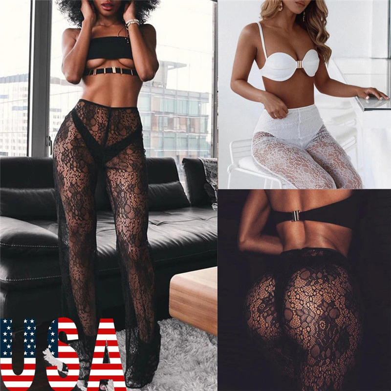 

US Women Beach Mesh Sheer Summer Pants Sexy Lace See Through Pants