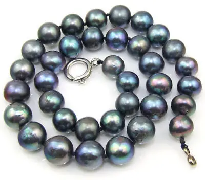 

Black Round 10mm Cultured Pearl Necklace 17" Choker Real Black Pearl Necklace