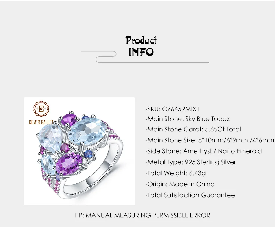 GEM'S балетное Настоящее 925 пробы Серебряное конфетное Драгоценное кольцо с натуральным небесно-голубым топазом кольцо с аметистом для женщин хорошее ювелирное изделие