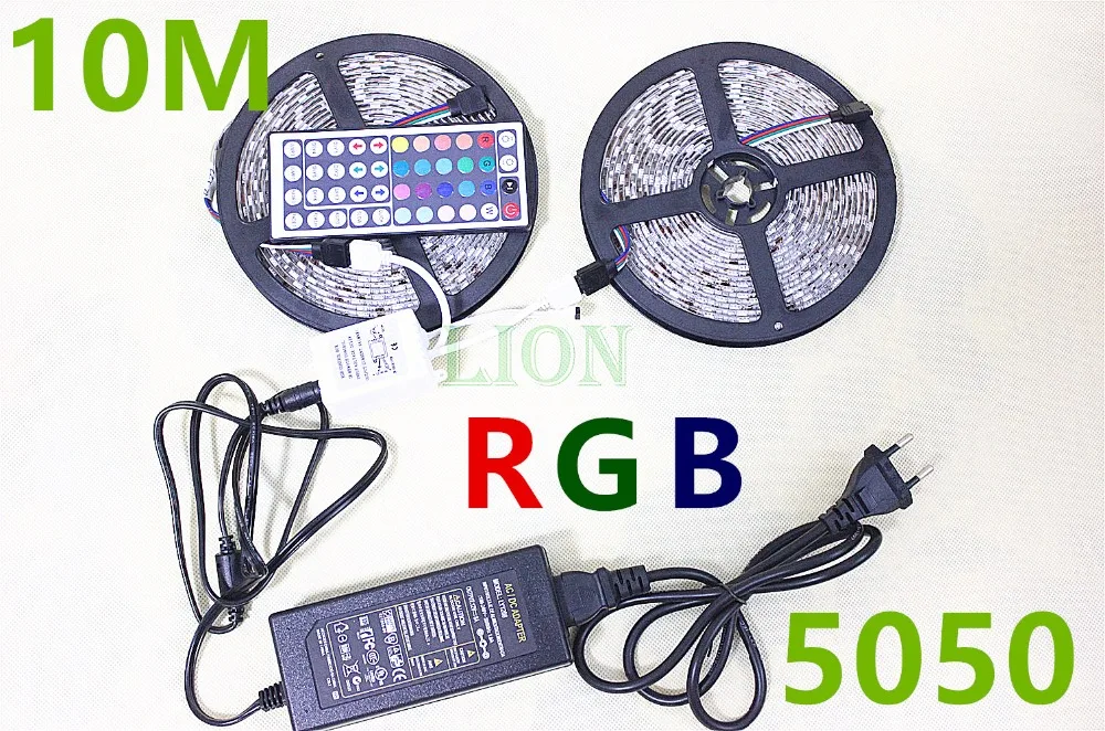 Светодиодная лента RGB, 10 м, 5050, водонепроницаемая, IP20/65, 60 светодиодов/м, 12 В постоянного тока, Светодиодная лента, 300 светодиодов + пульт дистанционного управления на 44 клавиши + блок питания 12 В, 8 А