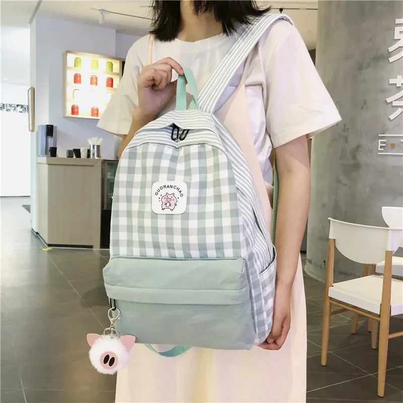 Student Female Pig Plaid Backpack Cute Women Canvas School Bags Girl Kawaii Backpack Fashion Book Ladies Teenage Bag Luxury New