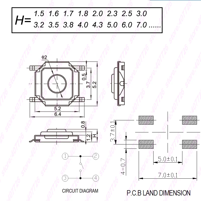 

1000pcs Metal Tact switch 5.2x5.2mm H=1.5/1.6/1.7/1.8/2.0/2.3/2.5/3.0/3.2/3.5/3.8/4.0/4.3/5/6/7/8/9MM 4Pin SMD PCB mounting