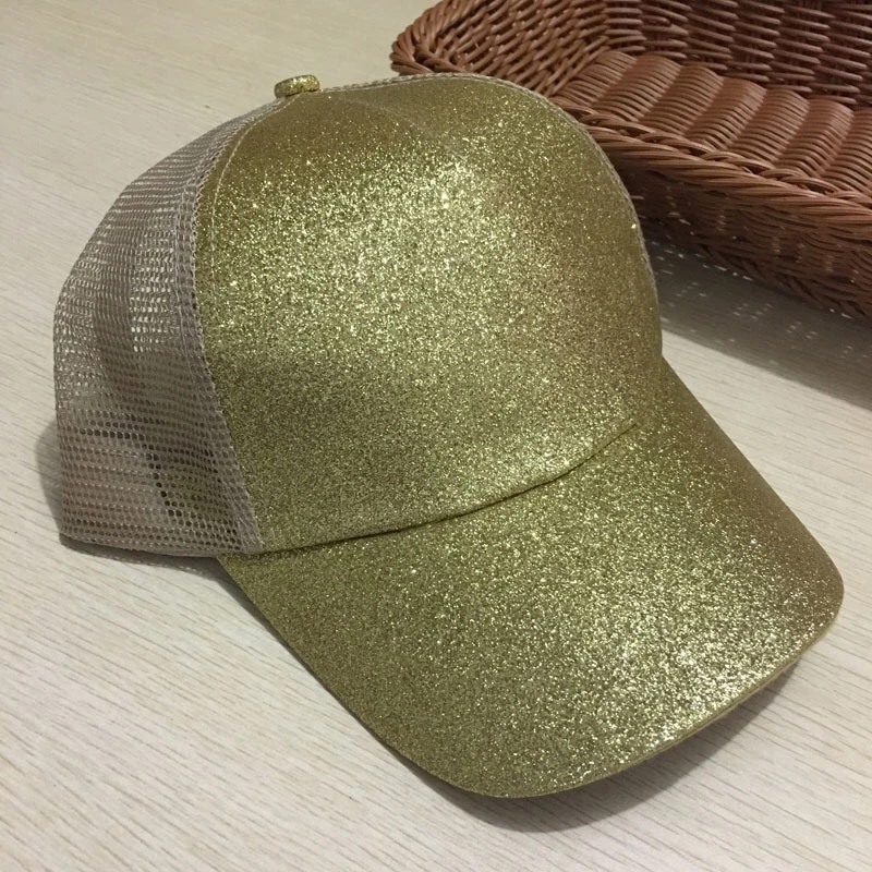 Mingjiebihuo New Fashion Spring Summer Sequin Fluorescent Baseball Cap Open Back Ponytail Cap Glitter women girls Mesh Cap
