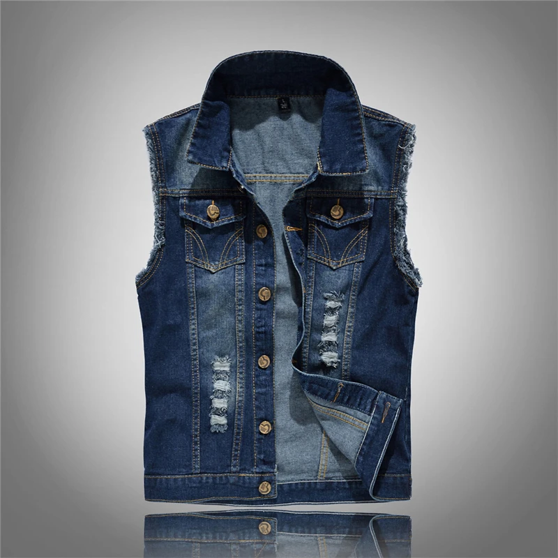 

2019 Denim high-grade brand Vest Men's Jacket Sleeveless cotton Casual Waistcoat 80s Jean top Coat Ripped Male Cowboy Jacket