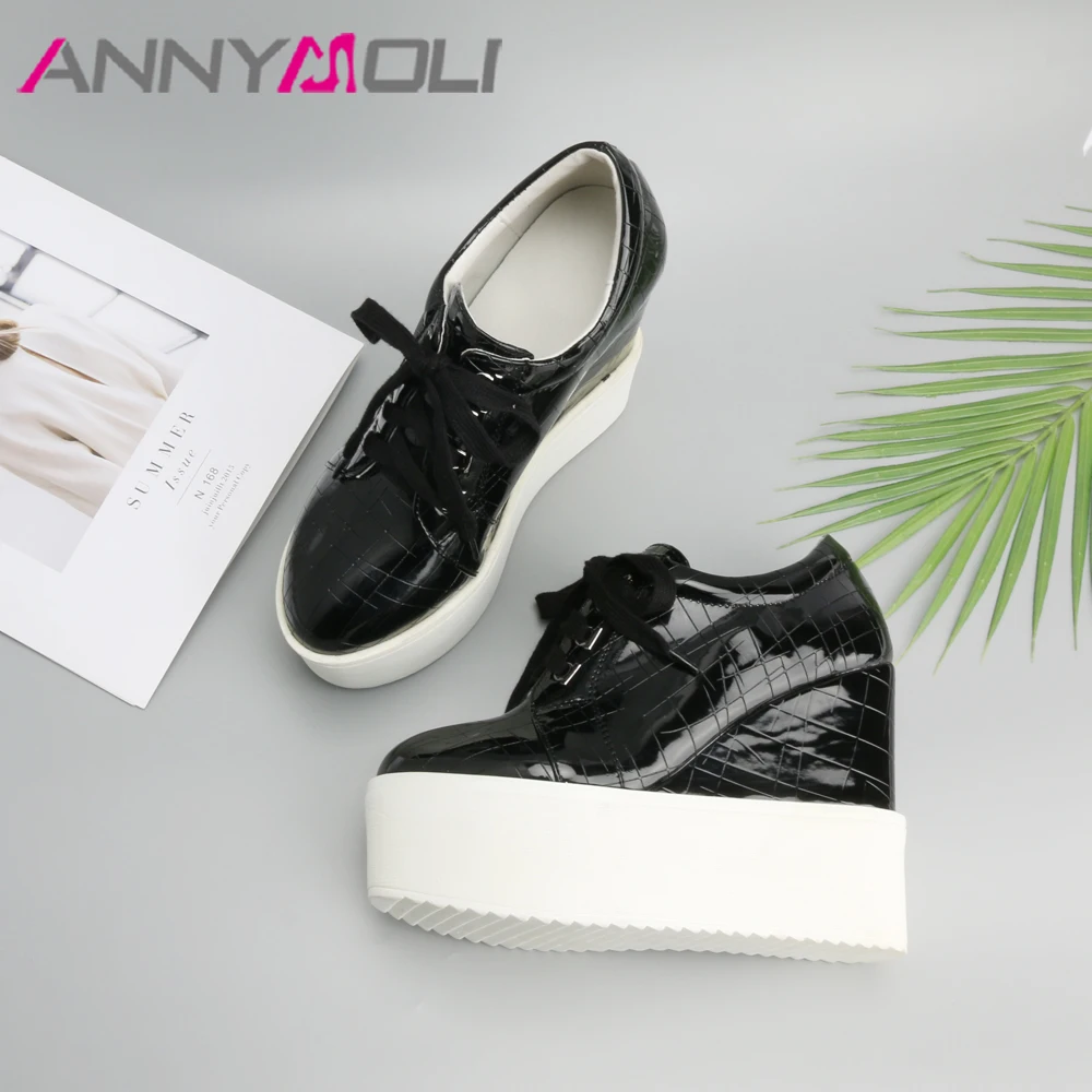 Женские туфли на платформе ANNYMOLI черные высокой танкетке со шнуровкой обувь в