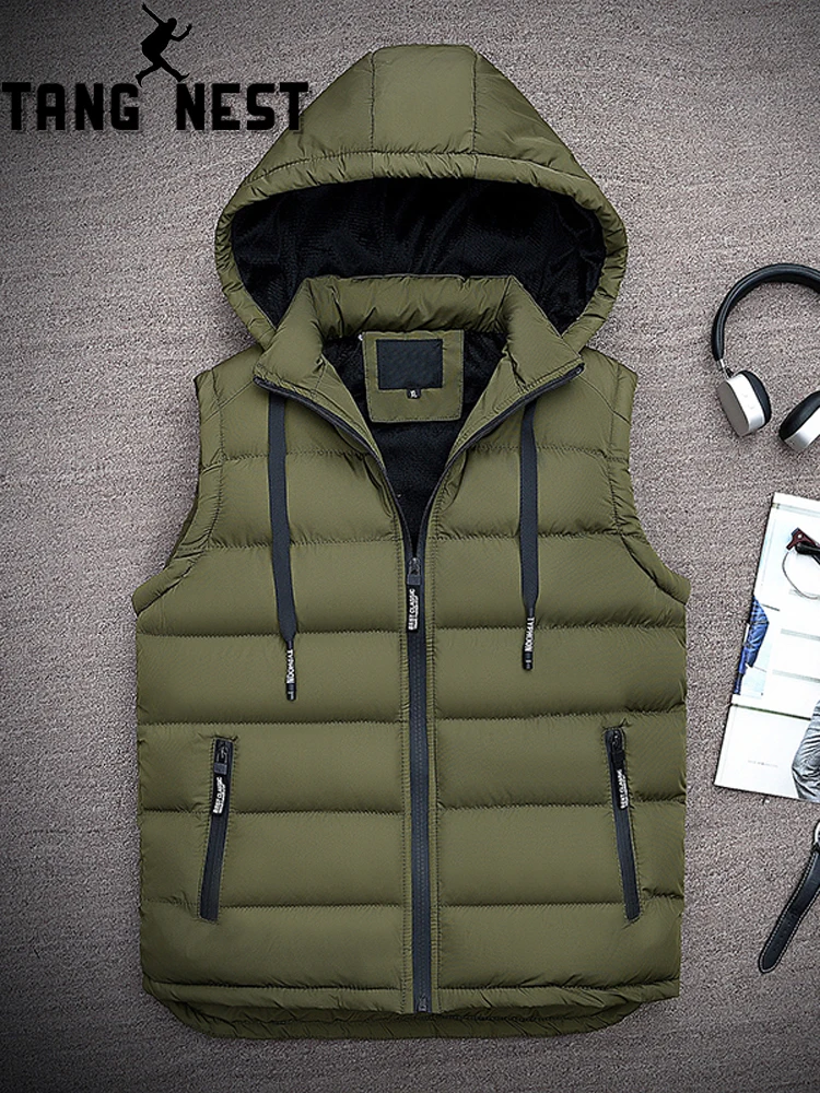 TANGNEST Men's Vest 2019 Autumn Winter New Arrival Thick Casual Slim Hat Detachable Mens Warm Asian Size 3XL MWB306 | Мужская одежда