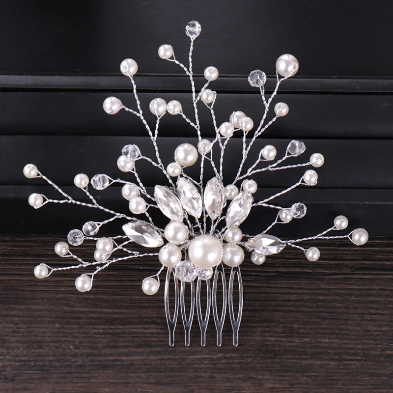 Hot Silver Color Gold Hair Ornaments Pearl Crystal Tiara Wedding Combs Handmade Bridal Fashion Accessories For Women | Украшения и