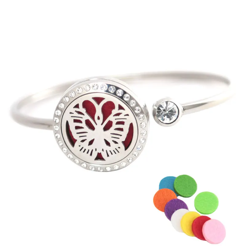

10Pcs Butterfly locket Bracelet Bangle Aromatherapy 25mm Magnet Crystal Stainless steel essential oil diffuser locket bracelet