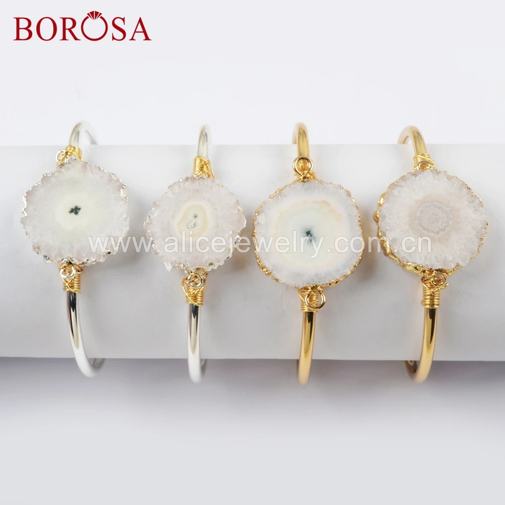 

BOROSA 5PCS Gold/Silver Color Wire Wrapped Natural Solar Quartz Druzy Bangle Natural Sun Flower Bracelet Jewelry G1661 S1661