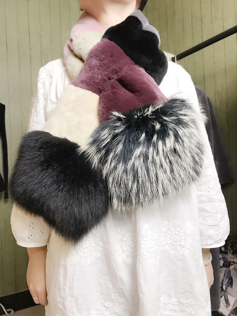 Новое прибытие Настоящее Рекс кролик кожа меха лисы лоскутное многоцветный шарф