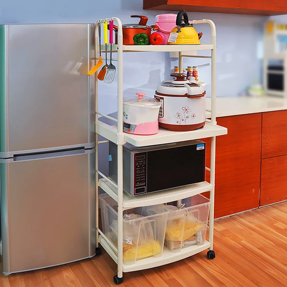 

4-Tier Microwave Stand Rack Rolling Kitchen Storage Cart Workstation Shelf Unit Cart with Hooks for Cookware DQ1209