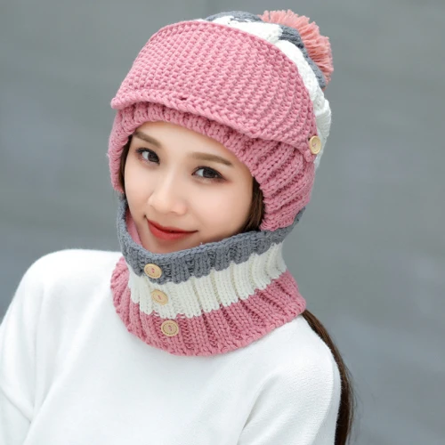 Pink HT2081 зимние аксессуары для женщин, Толстая теплая маска, шапка, шарф, набор, женская вязаная шапочка, шарф, набор, большой помпон, зимняя шапка с шарфом - Цвет: Pink
