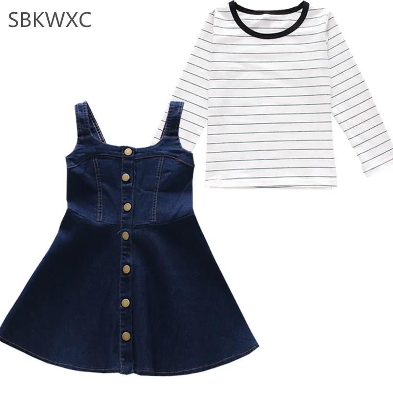 Autumn Kids clothes sets girls clothing set striped shirt+demin dress 2pcs/set with buttons casual children 4-9T | Детская одежда и