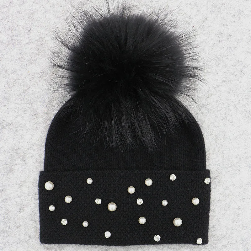 GZHILOVINGL Брендовая женская зимняя шапка Skullies, вязаная шапка из кроличьей шерсти с натуральным мехом, помпонами, стразы, жемчужные шапки для женщин