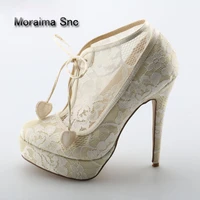 moraima snc ladies elgant beige floral lace platform ankle booties women thin high heels heart lace up short boots bride shoes