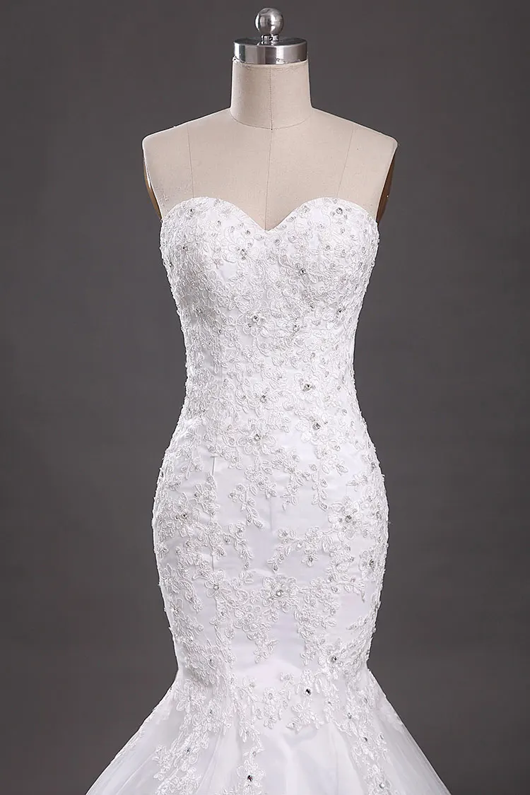 Elegant Embroidery Tulle Sweetheart Mermaid Wedding Dresses Appliques Beading Off The Shoulder Chapel Train Bridal | Свадьбы и