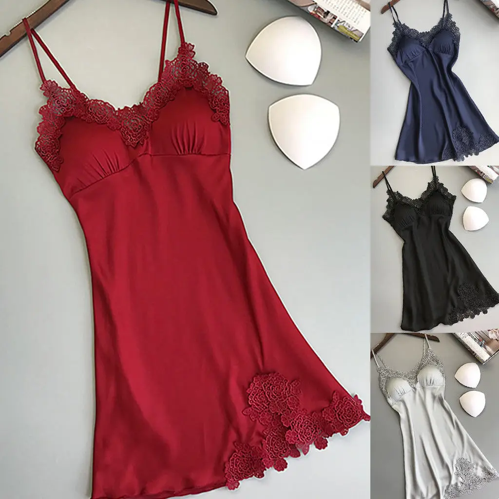 Сексуальная Женская шелковая ночная сорочка кружевное платье Babydoll рубашка