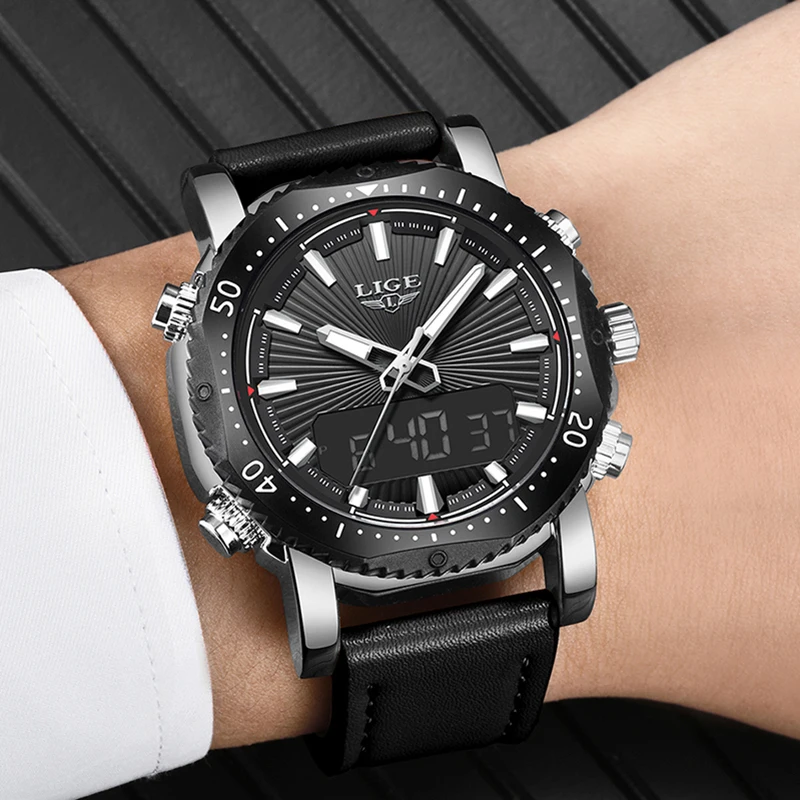 Mens Watches To Luxury Brand Men Leather Sports LIGW Men's Quartz LED Digital Clock Waterproof Military Wrist Watch+BOX | Наручные