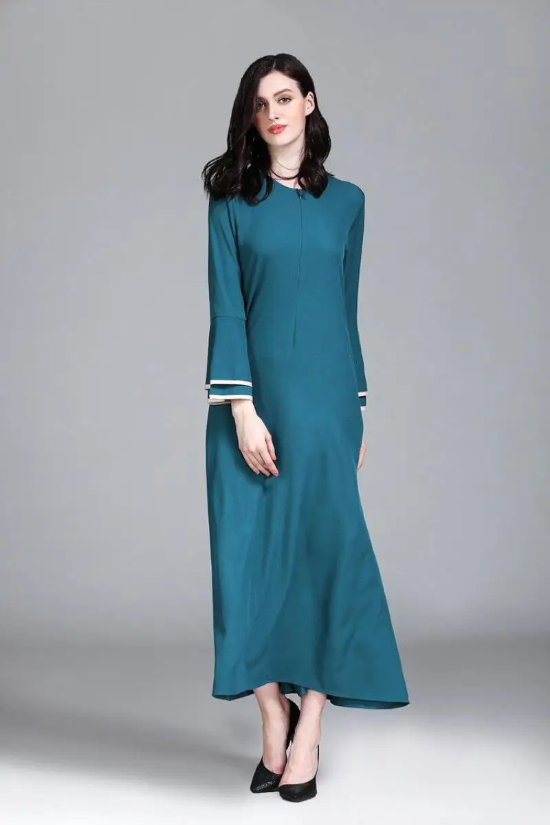 

Pure colored trumpet sleeves Islamic long skirts Arabia women's round collar