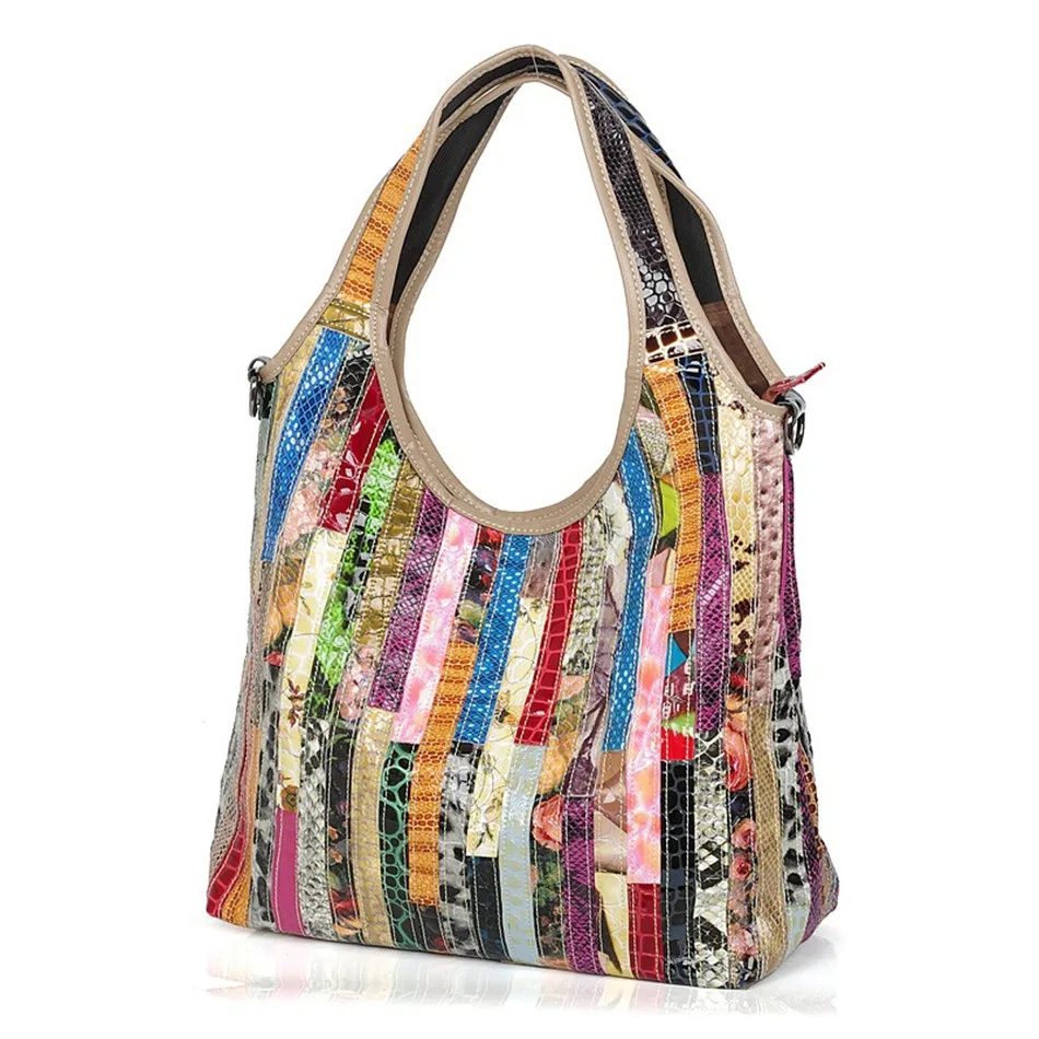 

Genuine Leather Handbags For Women Shoulder Bag Color Stripe Stitching Ladies Tote Bag Leisure Retro Crossbody Cowhide Bags