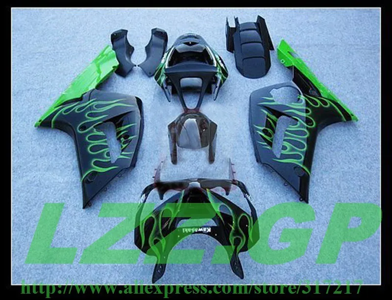

Black green flame fairing kit FOR NINJA ZX 6R 636 03 04 ZX-6R 03-04 ZX6R 2003 2004 ZX 6R 03 04 fairings compression LZZ.GP