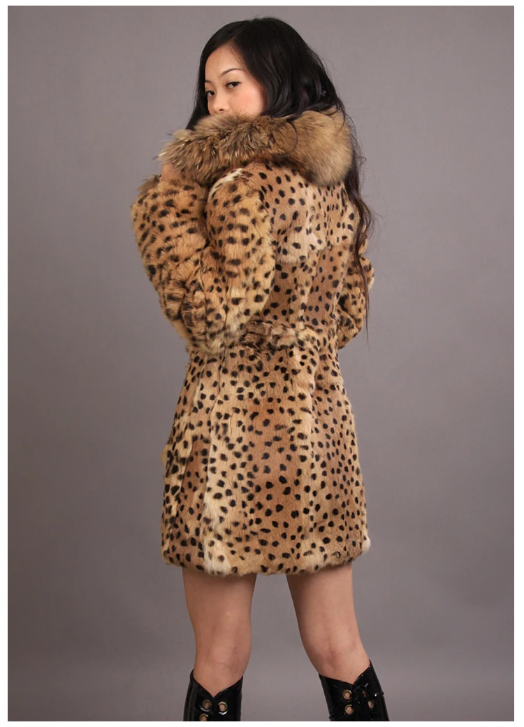 

Brown Leopard Rabbit Fur Coat Outwear Garment Parka Coats with Large Raccoon Fur Collar Plus Size Custom