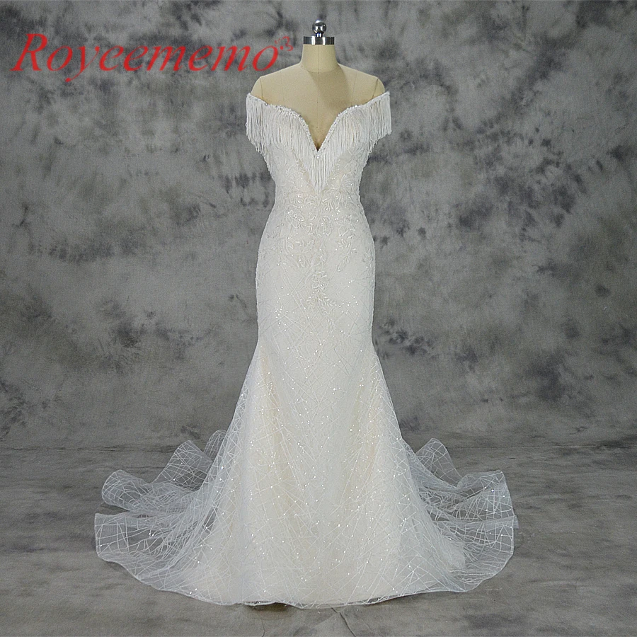 Роскошное кружевное свадебное платье Vestido de Noiva с открытыми плечами и кисточками