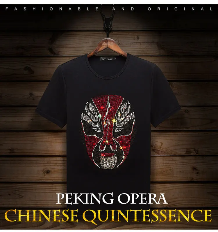 Big size 5XL Mask Unique Man Shinning Diamond Stone T-shirt Short Sleeve high quality Peking Opera Rhinestone Print men t shirts
