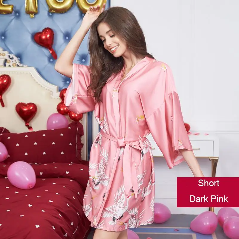 Short Pink Сексуальный женский халат с принтом животных, Атласный халат из вискозы, женское кимоно, Пижама для гейши, свадебное Ночное белье для невесты, халаты для невесты - Цвет: Short Pink