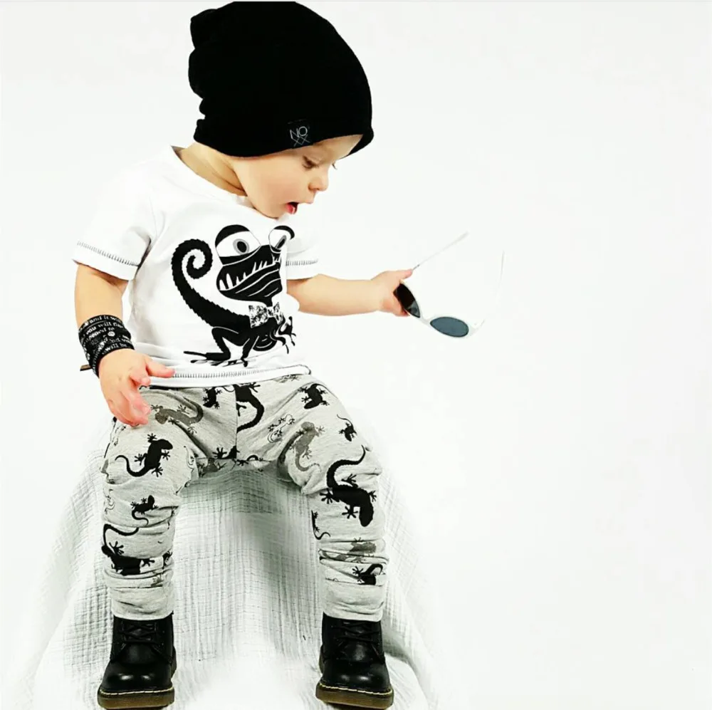 Baby boy clothes fashion Short Sleeve Cartoon gecko T Shirt+Pants 2pcs Newborn girl suit baby clothing set | Детская одежда и