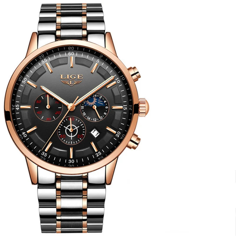 Rose Gold Black Relogio Masculino часы мужские LIGE модные спортивные кварцевые часы мужские s часы Топ бренд класса люкс Бизнес водонепроницаемые часы Relojes - Цвет: Rose Gold Black