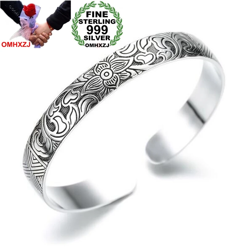 

OMHXZJ Wholesale Ethnic Fashion Woman Child Gift Lotus Leaves 999 Sterling Silver Thai Silver Bracelet Bangle Adjustable SZ71