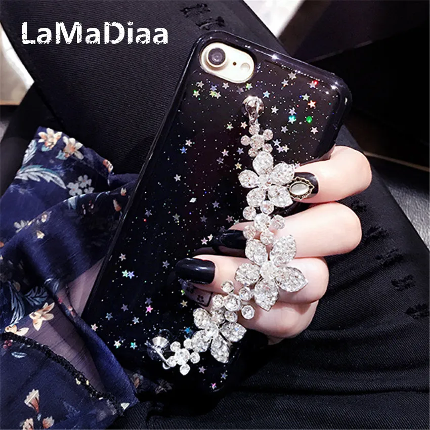 LaMaDiaa Bling Star черный блестящий чехол для телефона с цветочным браслетом iPhone Xs Max 7 8