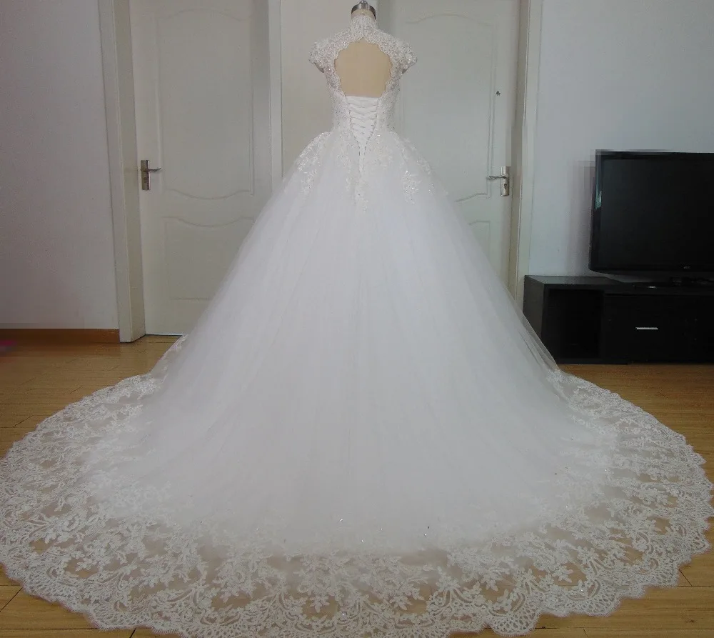 Реальные Vestido де Noiva Высокая Шея Бальное платье Свадебное Платье Из Бисера Люкс