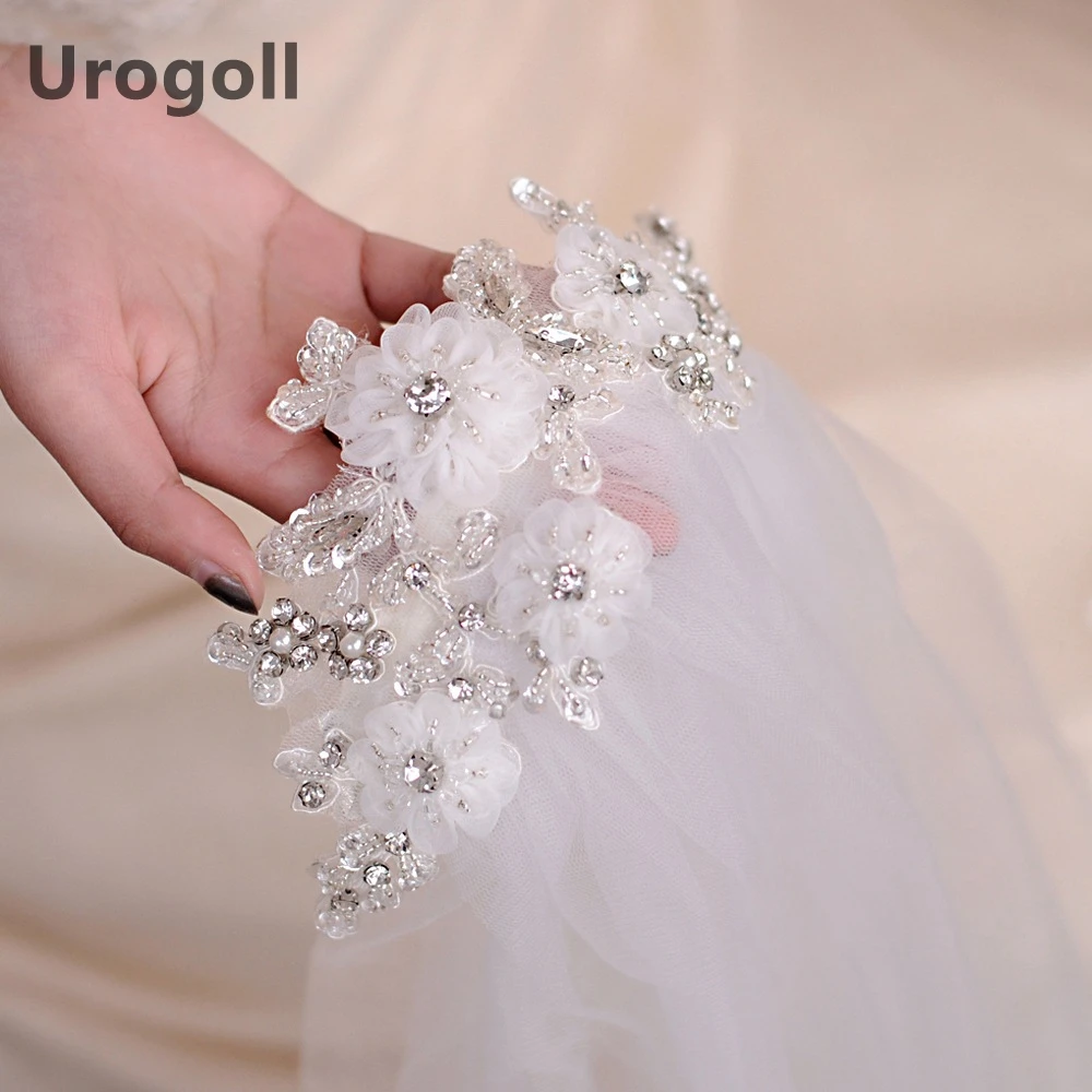 Фата свадебная короткая женская модная с цветами кристаллами для невесты