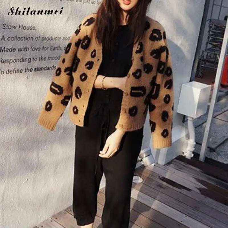 Кардиган вязаный кардиган feminino корейский pull femme hiver крючком Леопардовый parttern