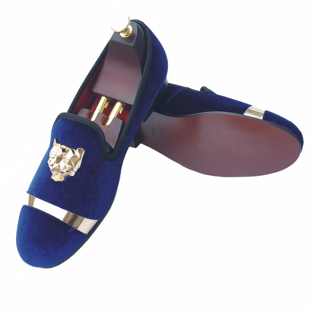 New Handmade Men Gold Buckle Loafers Slippers Shoes Blue Velvet with Red Bottom Party and Wedding Slip on Men't Flats | Обувь