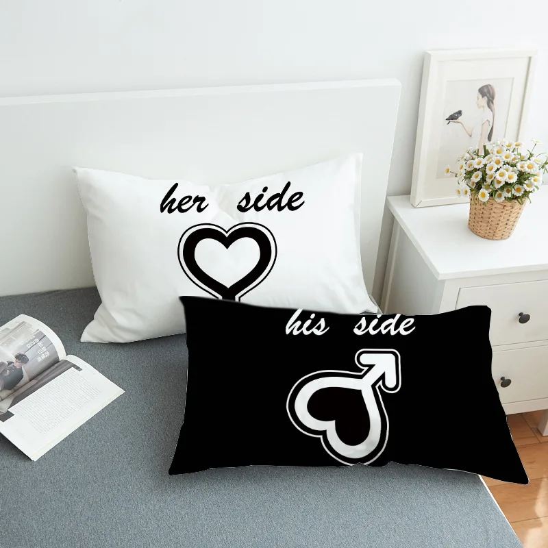 

His and Her Side Pillow Cases Couple Pillowcases Back and White Pillow Cover For Gift Bedroom Romantic Love Pair