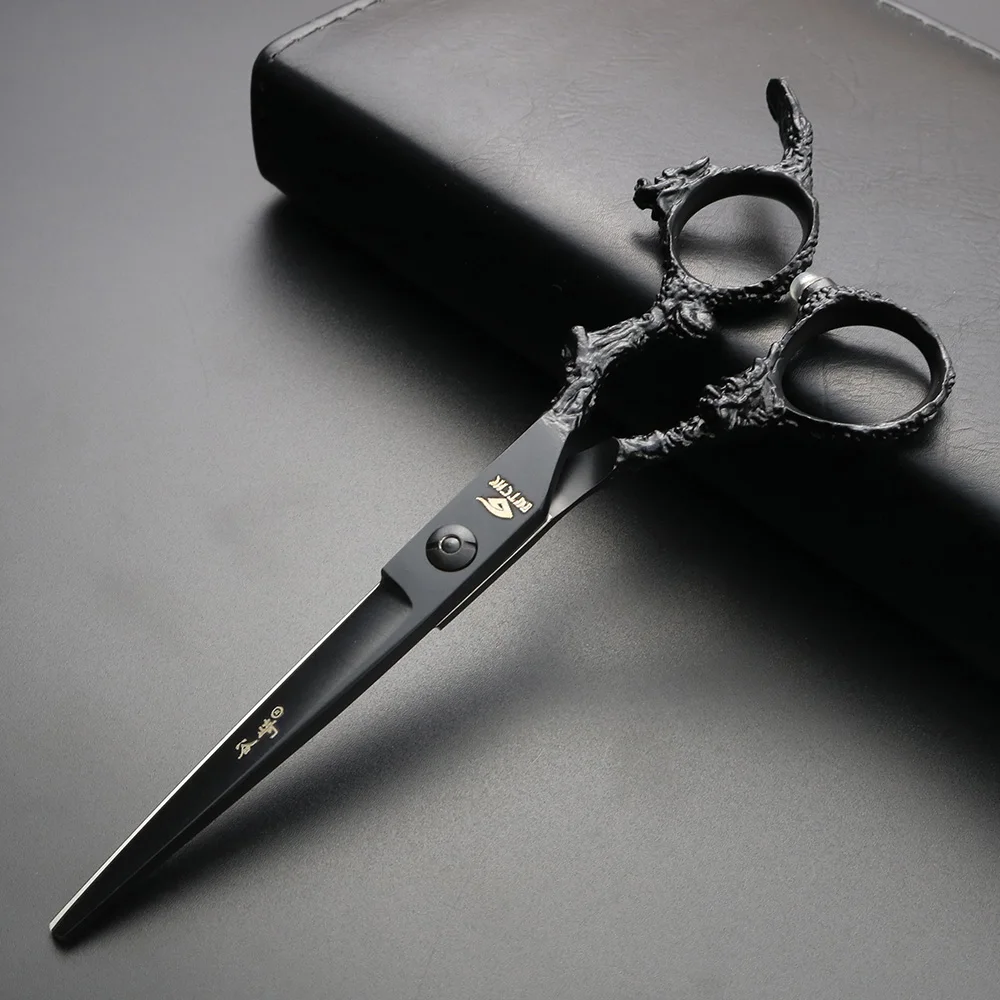 Black 6 inch Japan 440C hair scissors dragon type handle barber sharp cutting and thinning set | Красота и здоровье