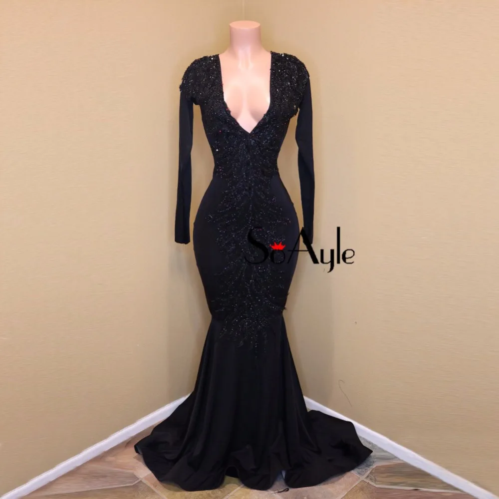 SoAyle Deep V-Neck Mermaid Evening Dresses Beaded Feather Center Piece Long Sleeves Prom Court train Vestidos De Festa | Свадьбы и