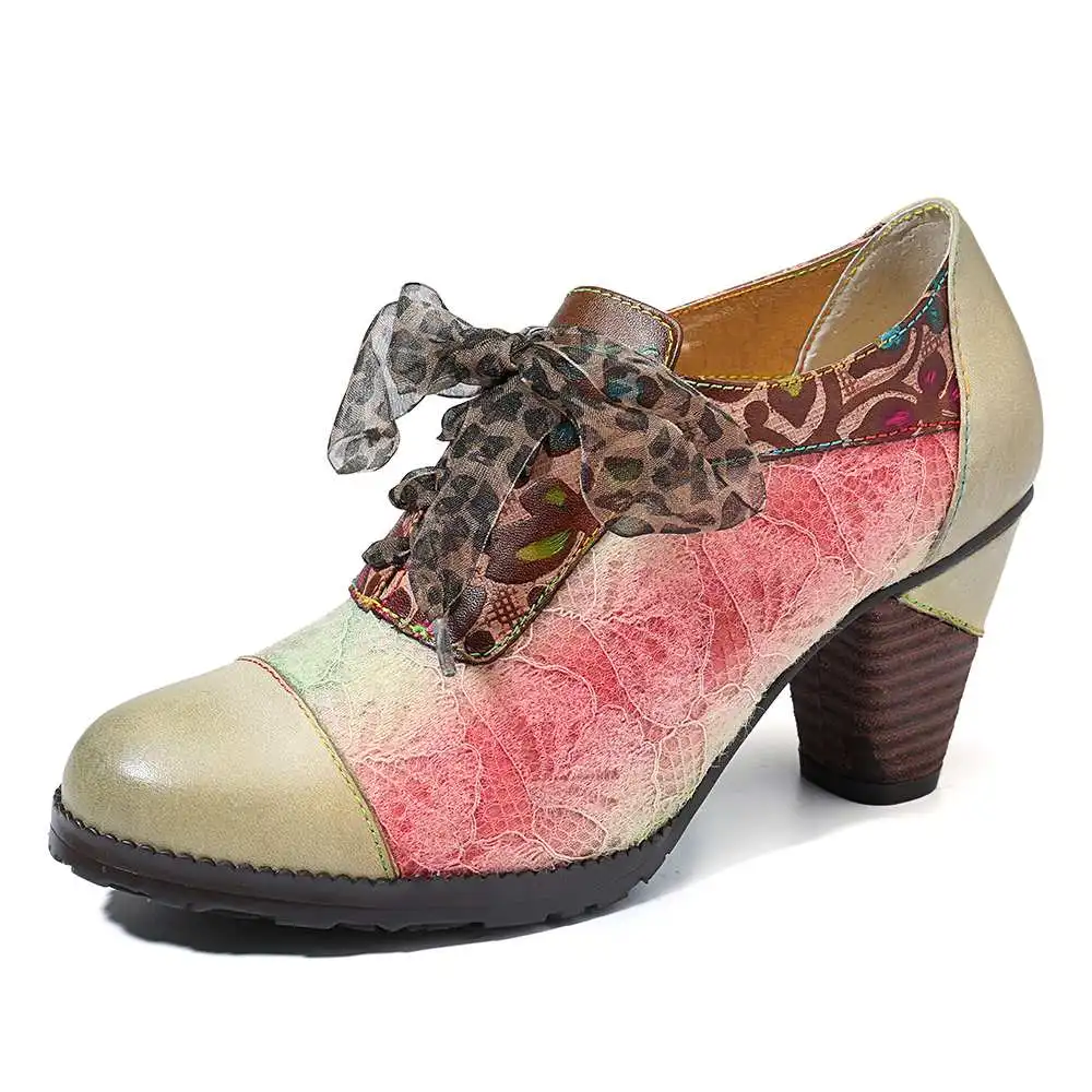 SOCOFY Elegance Genuine Sandals WomenLeather Splicing Lace Retro Pattern Comfortable Lace Up Pumps Elegant Shoes Woman