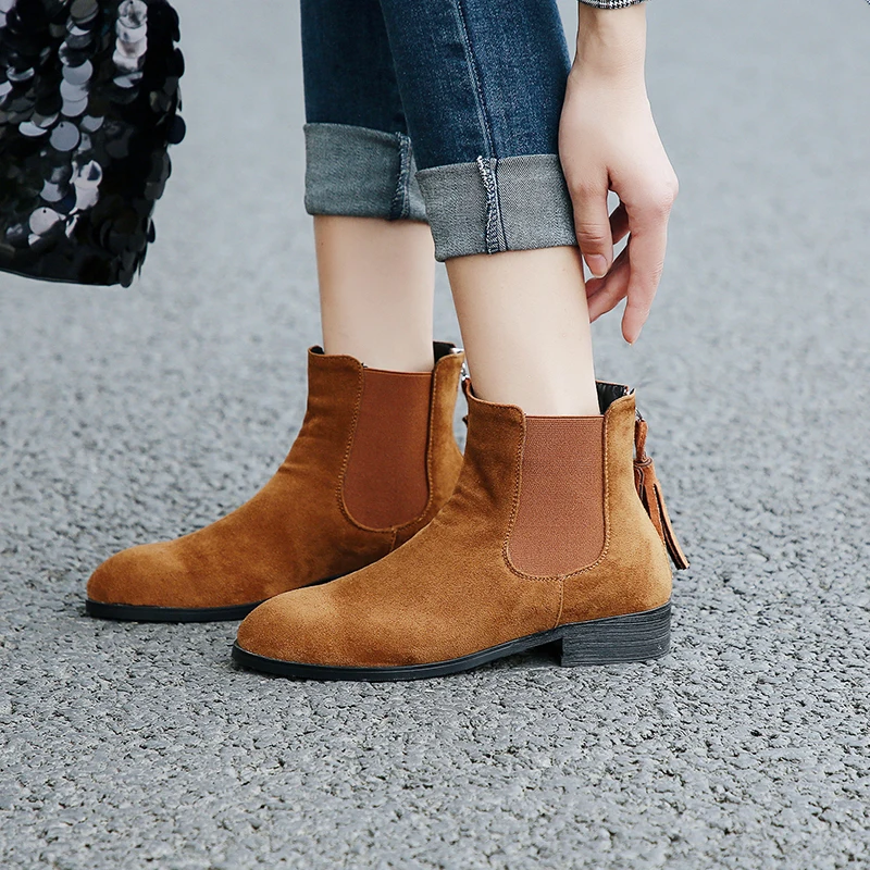 

WETKISS Winter Thick Heels Women Boots Round Toe Tassel Zip Footwear Rubber Flock Female Boot Casual Girl Shoes Woman 2018 New