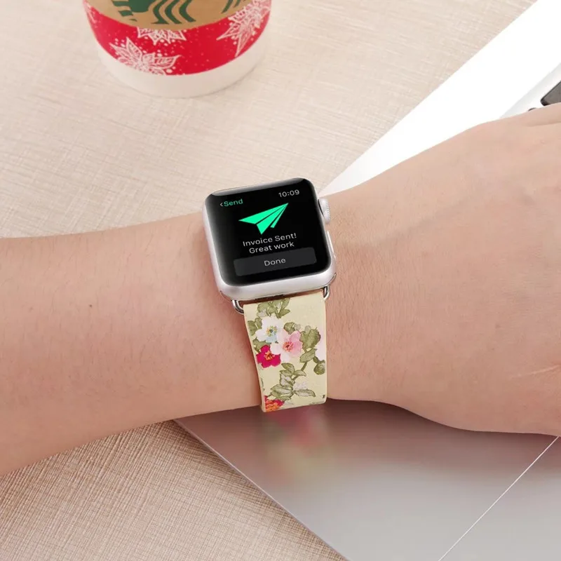 Кожаный ремешок с цветочным принтом для Apple Watch 5 4 44 мм/42 мм/40 мм/38 мм iwatch series 5 4 3 2 1 наручный браслет с цветочным принтом