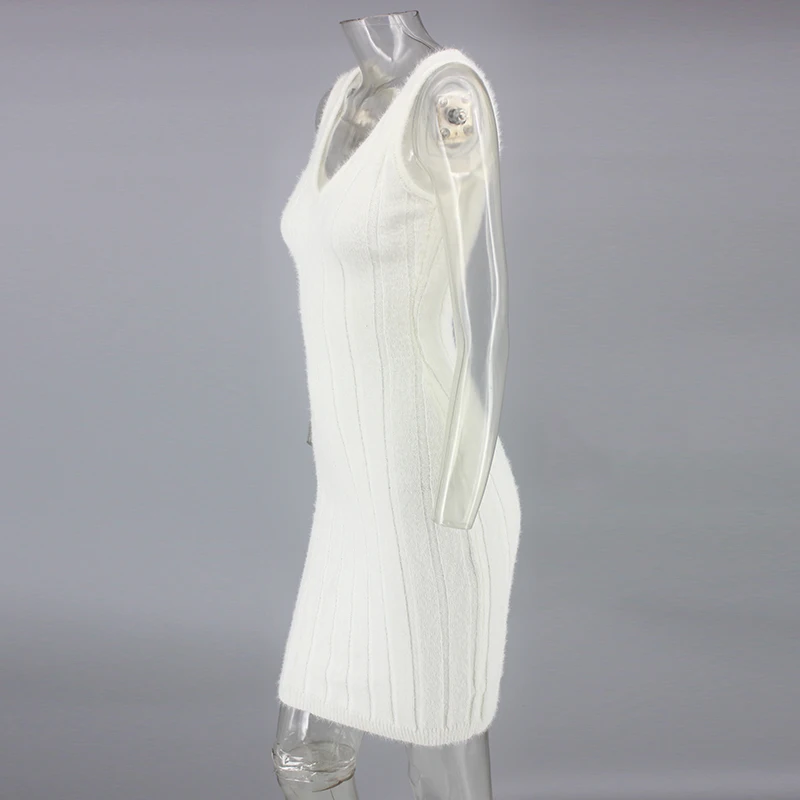 NATTEMAID Knitted Bodycon Sexy Dress Women Elegant Solid White Slim Party Dress Female V Neck Club Sweater Summer Dress Vestidos