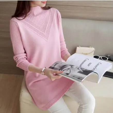 Pink Большие размеры S-3XL свитер-пальто женские средней длины на осень-зиму женские полуботинки-Высокий воротник slim fit внутри дна вязание куртка - Цвет: Pink
